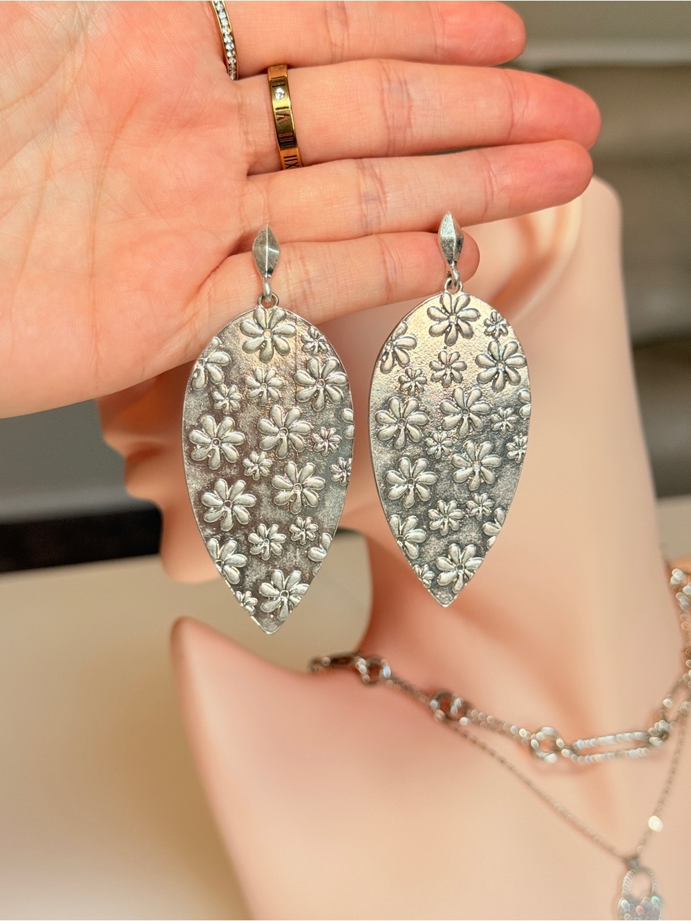 Silver Floral Teardrop Dangle Earrings - Picture 11 of 12